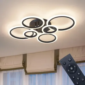 6 Rings Black Modern LED Ceiling Light Fixture, Flush Mount Ceiling Light with Remote Dimmable Brightness, Adjustable 3000-6000K Color Temperature, Timer for Living Room, Bedroom