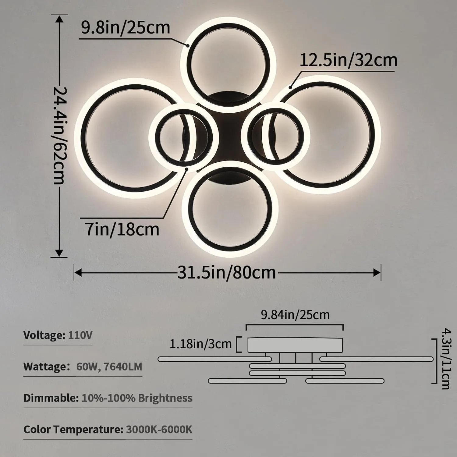 6 Rings Black Modern LED Ceiling Light Fixture, Flush Mount Ceiling Light with Remote Dimmable Brightness, Adjustable 3000-6000K Color Temperature, Timer for Living Room, Bedroom