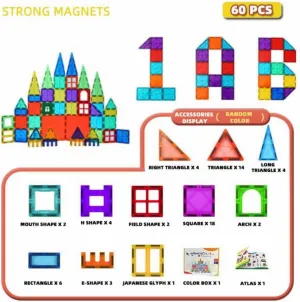 60 PCS 3D STEM Magnetic Tiles Building Blocks Premium Quality Construction Strong Magnets Toys Kids Educational CAR Included Magna t - Easter Christmas Birthday
