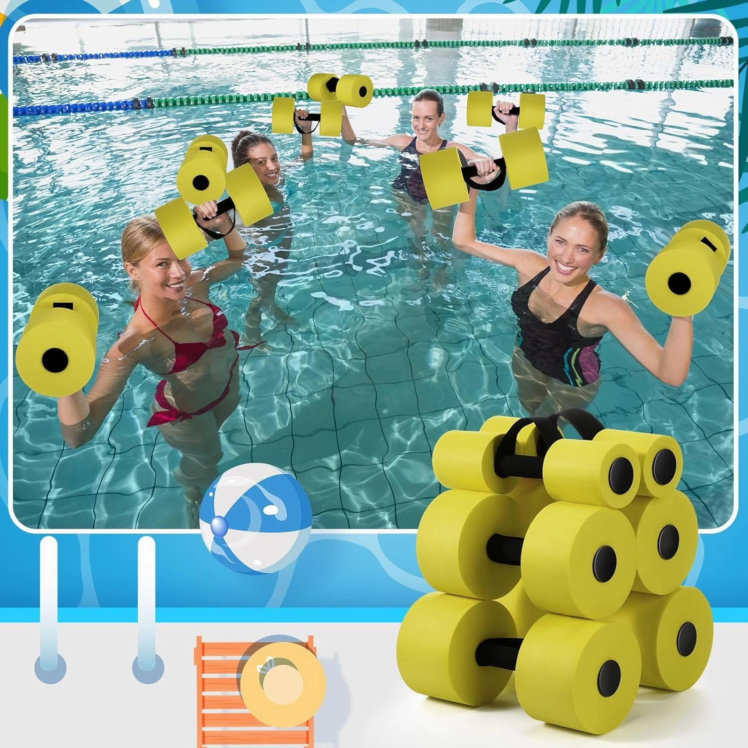 6 Pack Pool Exercise Equipment Water Dumbbells Pool Resistance Aerobic Weights EVA Foam Dumbbell with Handle Strip for Aqua Therapy Water Aerobics Weight Loss Fitness