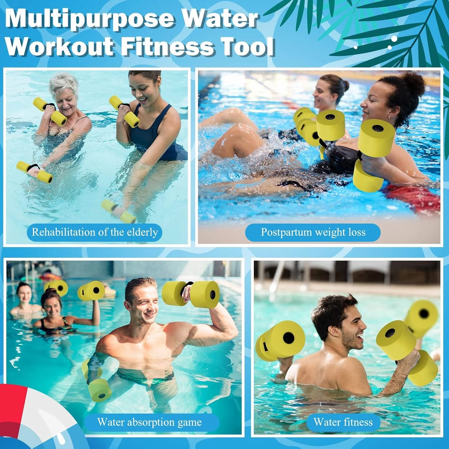 6 Pack Pool Exercise Equipment Water Dumbbells Pool Resistance Aerobic Weights EVA Foam Dumbbell with Handle Strip for Aqua Therapy Water Aerobics Weight Loss Fitness