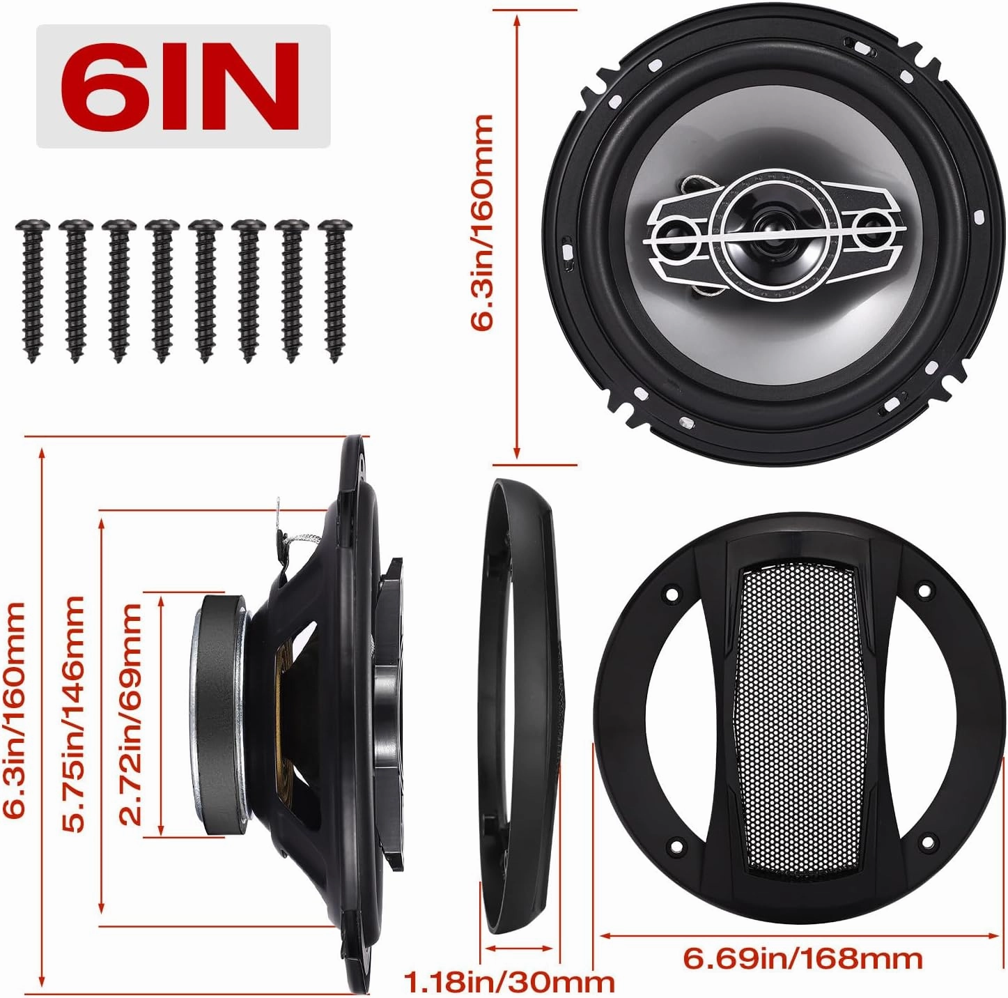 6" 4-Way Dome Tweeters Coaxial Car Speakers, 350 Watts Car Audio Speakers with PEI Dome Tweeters, 4 Ohm Vehicle Coaxial Speaker for Universal Car Stereo Speaker Replacement (Pair)