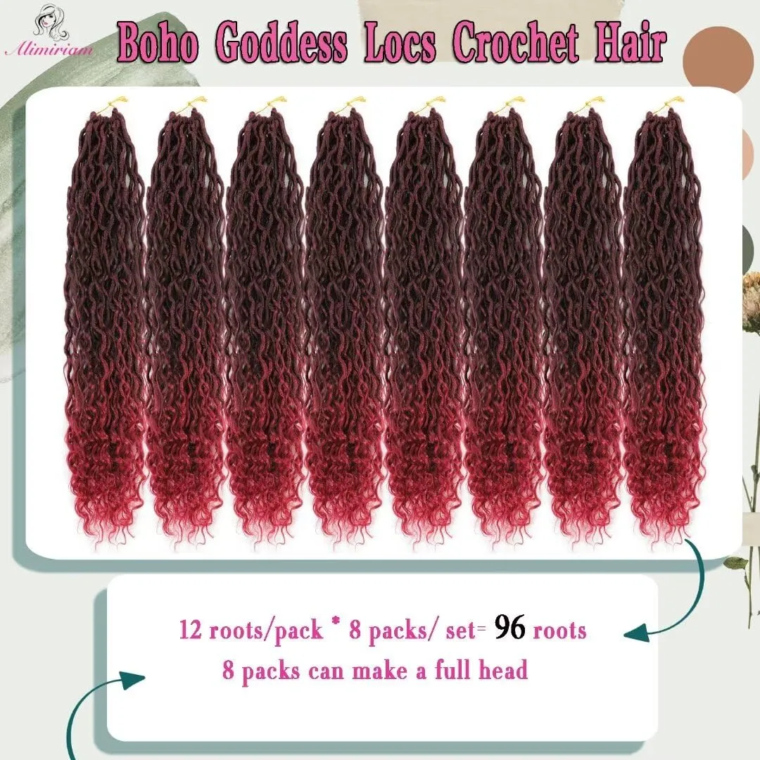 8 Packs Boho Goddess Locs Crochet Hair 18 inch Ombre Burgundy River Locs Crochet Braids with Curly Ends Pre Looped Bohemian Soft Locs Crochet Hair for Black Women(18" 8Packs T1B/BUG#)