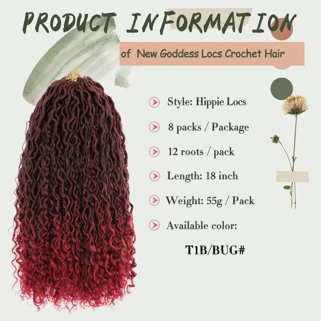 8 Packs Boho Goddess Locs Crochet Hair 18 inch Ombre Burgundy River Locs Crochet Braids with Curly Ends Pre Looped Bohemian Soft Locs Crochet Hair for Black Women(18" 8Packs T1B/BUG#)