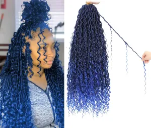 8 Packs Boho Goddess Locs Crochet Hair 18inch Ombre Blue River Locs Crochet Hair Boho Faux Locs Wavy Hair with Curly Ends Pre-looped for Black Women(18" 8Packs T1B/blue#)