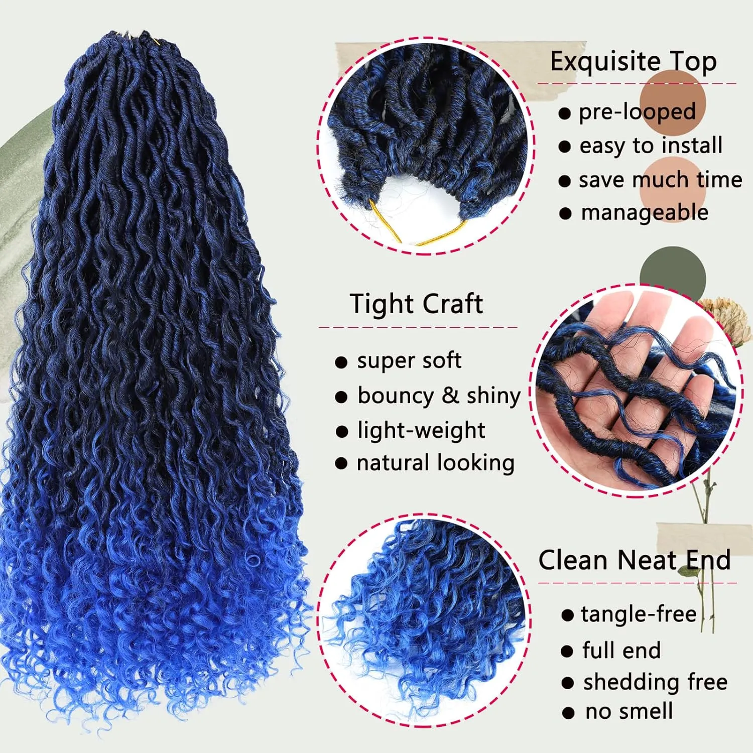 8 Packs Boho Goddess Locs Crochet Hair 18inch Ombre Blue River Locs Crochet Hair Boho Faux Locs Wavy Hair with Curly Ends Pre-looped for Black Women(18" 8Packs T1B/blue#)