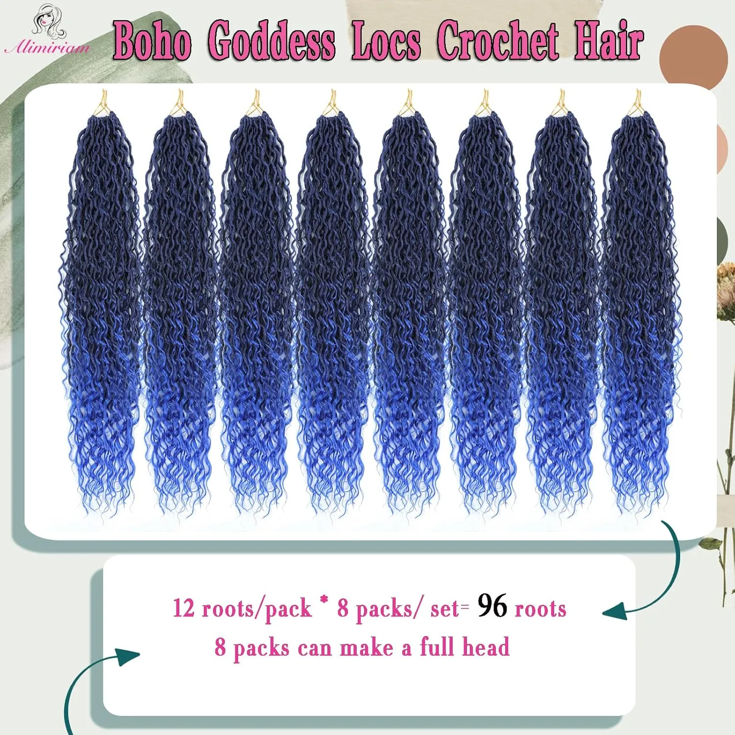 8 Packs Boho Goddess Locs Crochet Hair 18inch Ombre Blue River Locs Crochet Hair Boho Faux Locs Wavy Hair with Curly Ends Pre-looped for Black Women(18" 8Packs T1B/blue#)
