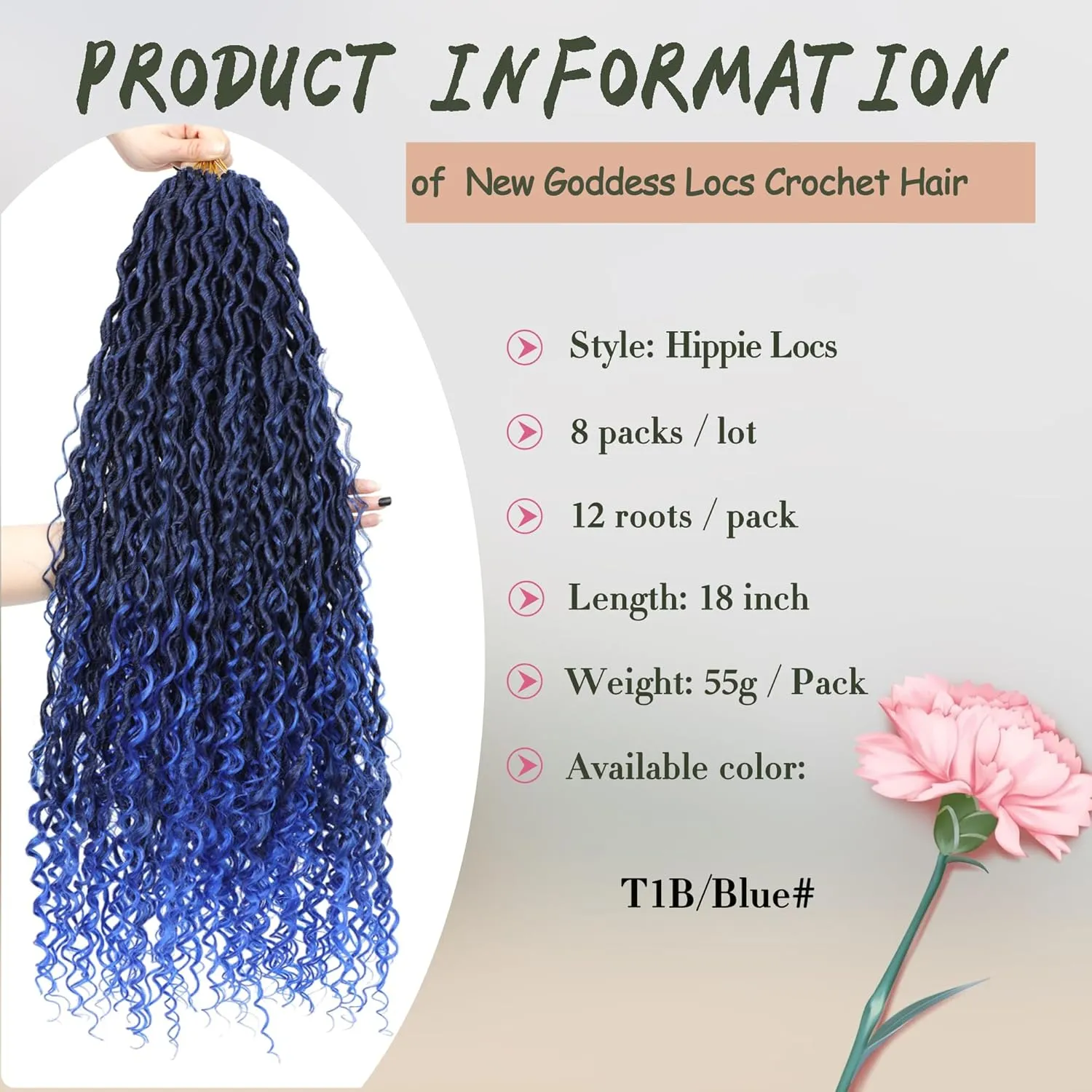 8 Packs Boho Goddess Locs Crochet Hair 18inch Ombre Blue River Locs Crochet Hair Boho Faux Locs Wavy Hair with Curly Ends Pre-looped for Black Women(18" 8Packs T1B/blue#)