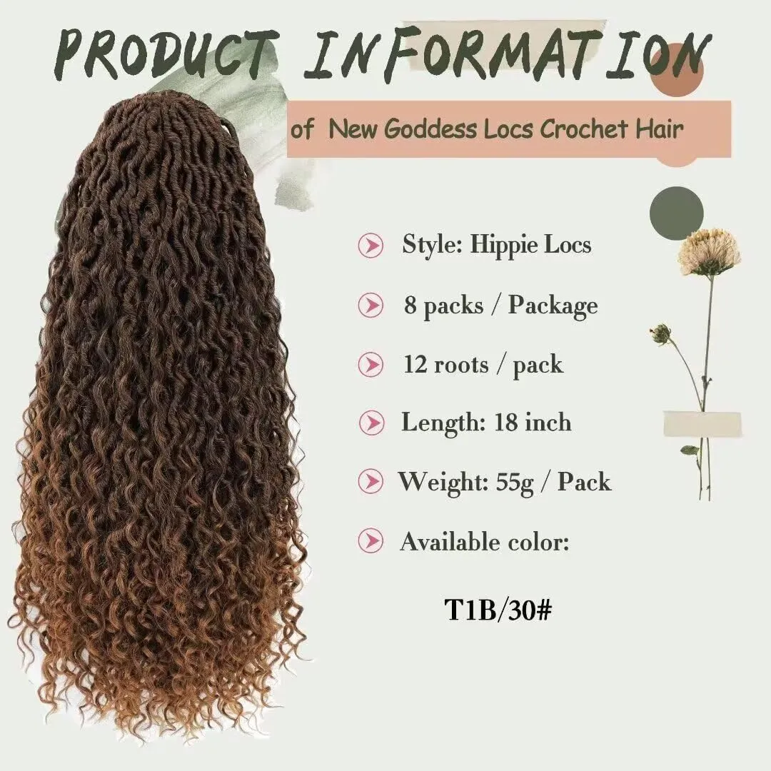 8 Packs New Goddess Locs Crochet Hair 18 Inch Ombre Brown River Locs Crochet Hair with Curly Ends Pre-looped Curly Faux locs Braids Hair Boho Style Synthetic Hair Extensions (18" 8Packs T1B/30#)