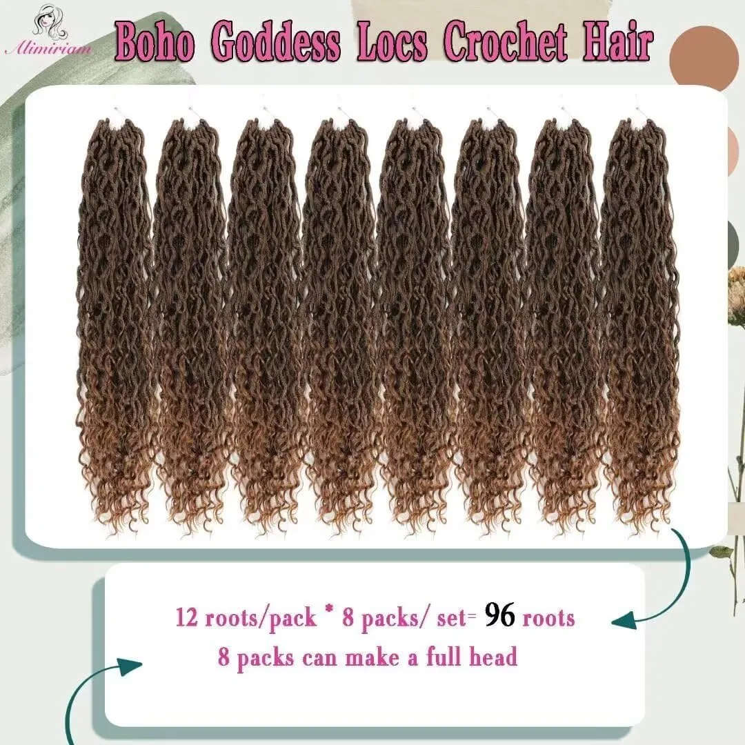 8 Packs New Goddess Locs Crochet Hair 18 Inch Ombre Brown River Locs Crochet Hair with Curly Ends Pre-looped Curly Faux locs Braids Hair Boho Style Synthetic Hair Extensions (18" 8Packs T1B/30#)