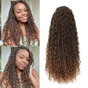 8 Packs New Goddess Locs Crochet Hair 18 Inch Ombre Brown River Locs Crochet Hair with Curly Ends Pre-looped Curly Faux locs Braids Hair Boho Style Synthetic Hair Extensions (18" 8Packs T1B/30#)