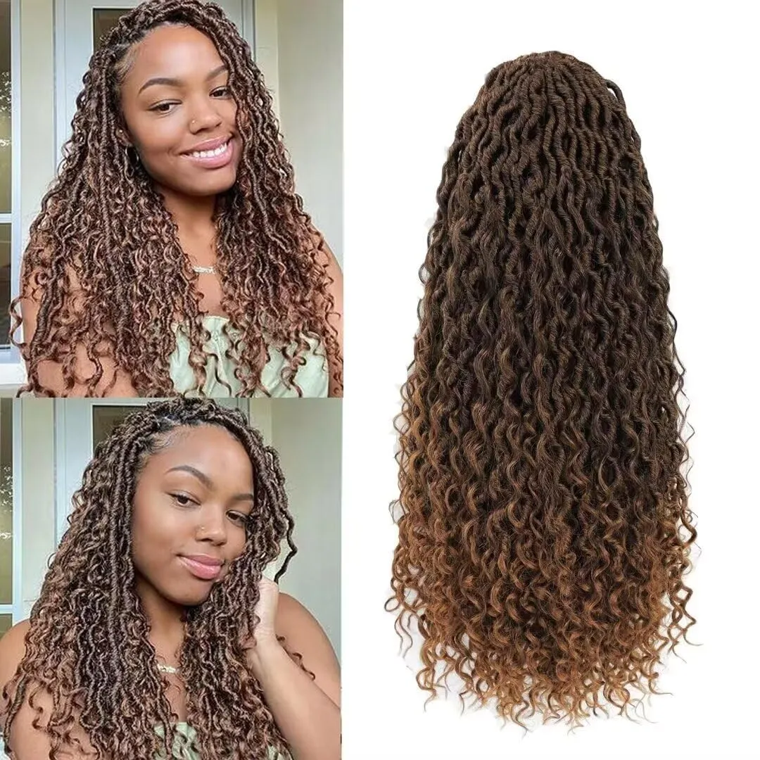 8 Packs New Goddess Locs Crochet Hair 18 Inch Ombre Brown River Locs Crochet Hair with Curly Ends Pre-looped Curly Faux locs Braids Hair Boho Style Synthetic Hair Extensions (18" 8Packs T1B/30#)