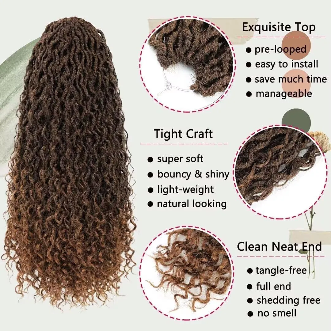 8 Packs New Goddess Locs Crochet Hair 18 Inch Ombre Brown River Locs Crochet Hair with Curly Ends Pre-looped Curly Faux locs Braids Hair Boho Style Synthetic Hair Extensions (18" 8Packs T1B/30#)