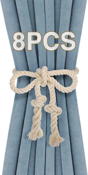 8 Pcs Hand Woven Curtain Tiebacks No Drilling - Boho Drape Holdbacks Rope for Black Blue Light Color Curtains, Decorative Ties for Outdoor Yard Garden Farmhouse Drapery, Beige