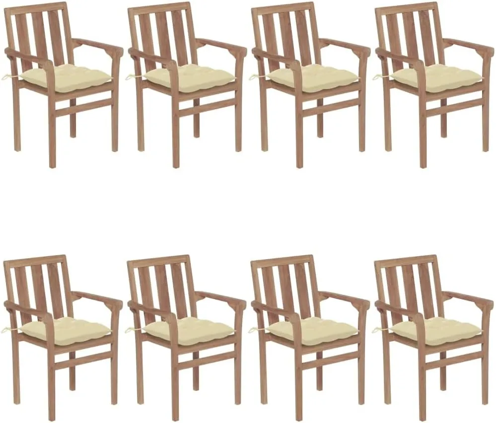 8-Piece Stackable Teak Wood Patio Chairs Set with Cream Cushions, Outdoor Furniture for Poolside Backyard Dining Lounge Beach Camping