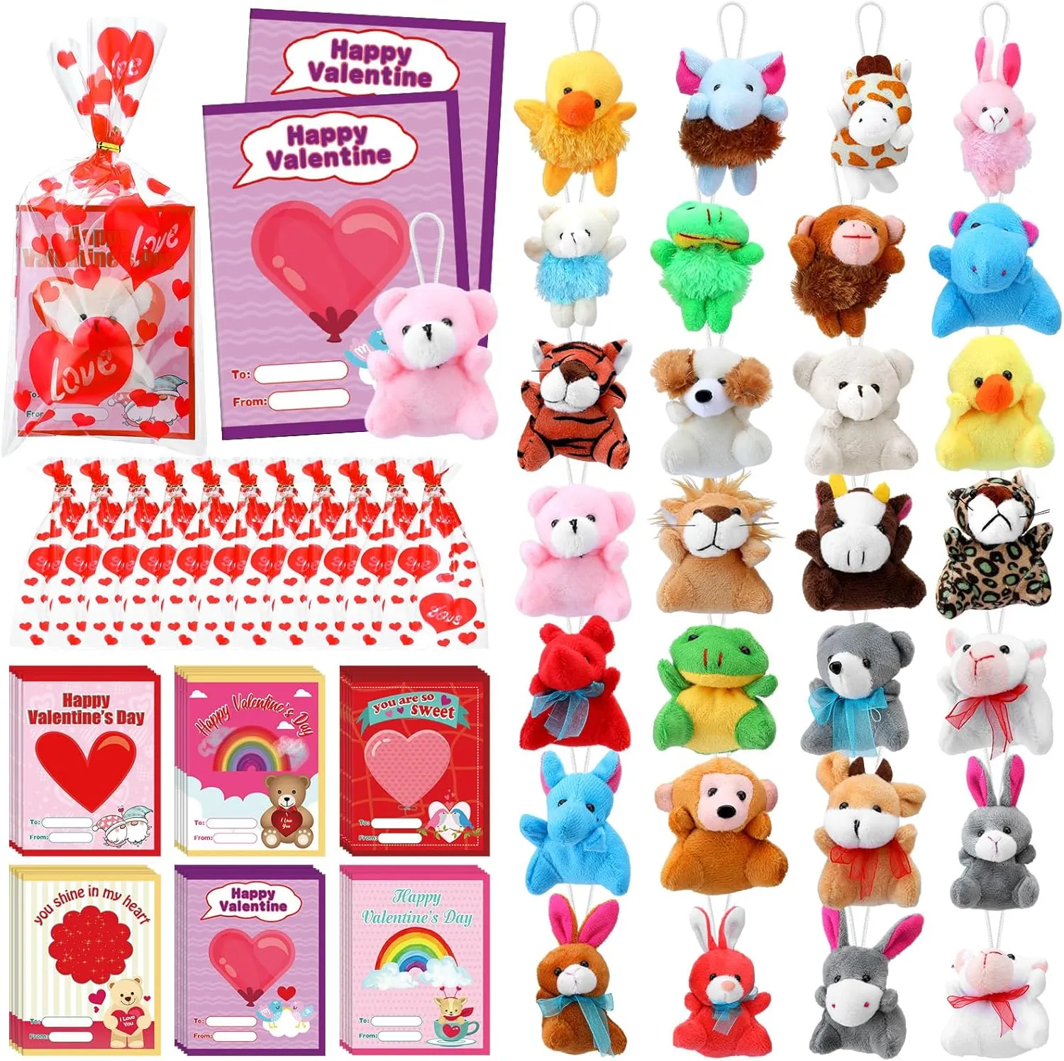 88 Pcs Valentine's Day Gifts Bulk Mini Plush Stuffed Animals Valentine Cards Valentines PE Treat Bags for Valentine Exchange Prize Party Favors Supplies