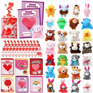 88 Pcs Valentine's Day Gifts Bulk Mini Plush Stuffed Animals Valentine Cards Valentines PE Treat Bags for Valentine Exchange Prize Party Favors Supplies