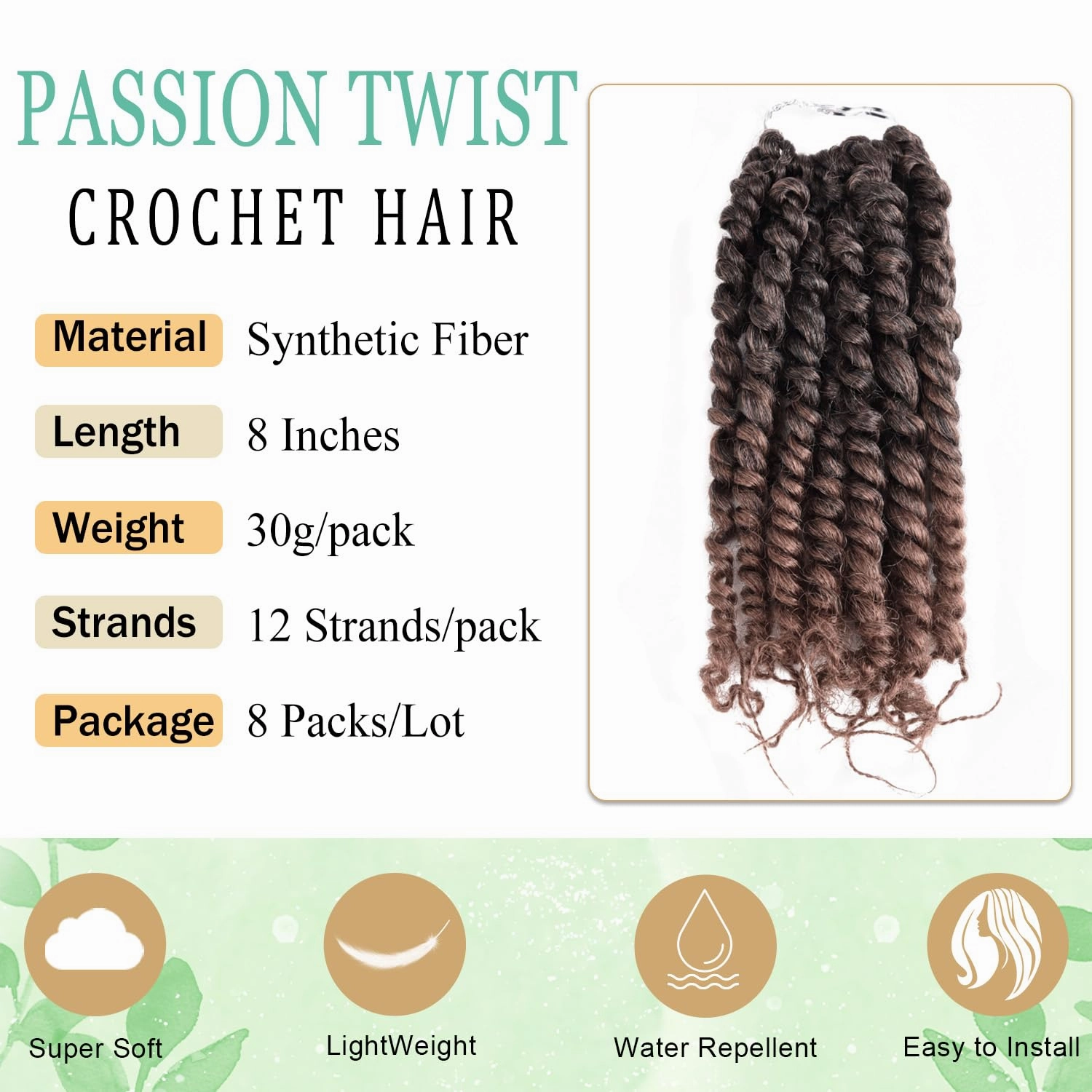8 Inch Short Passion Twist Crochet Hair for Black Women 8 Packs Pre-twisted Passion Twists Pre-looped Crochet Braids Hair Bohemian Twists Synthetic Braiding Hair Extensions (12Strands/Pack,T30#)
