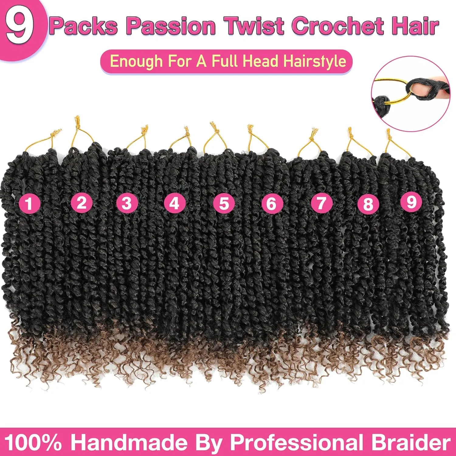 9 Packs Passion Twist Crochet Hair 10 Inch Pre-twisted Passion Twist Hair Pre Looped Crochet Passion Twist Hair Short Passion Twist Crochet Braids Hair for Women Girls and Kids (10Inch,T1B/27)