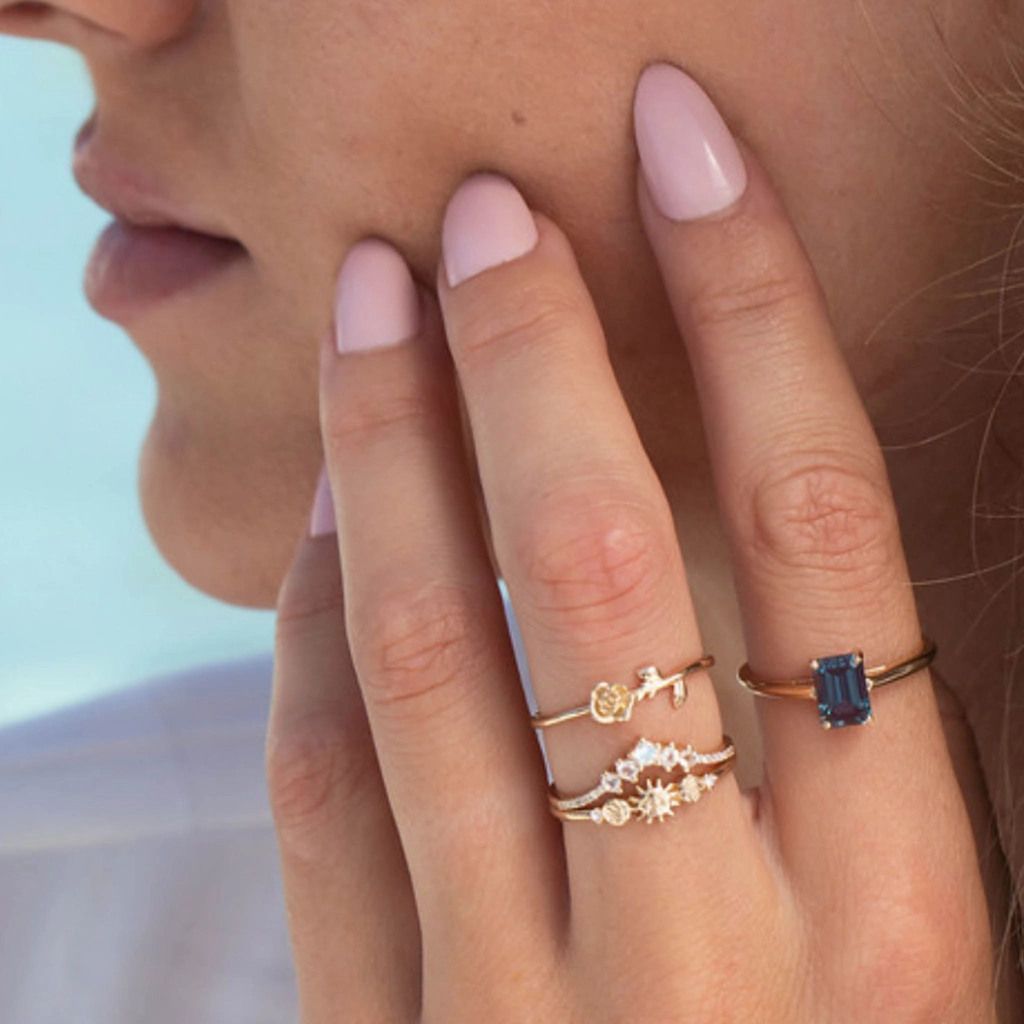 9kt Gold Rainbow Moonstone and Diamond Vivant Arc Ring