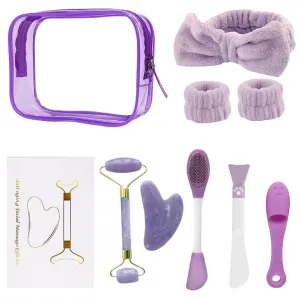 9pcs facial care kit, with Jade Roller and Gua Sha, Spa headband wristband, silicone facial mask brush, cleaning brush, portable cosmetic bag, self care gift for men women (Purple)