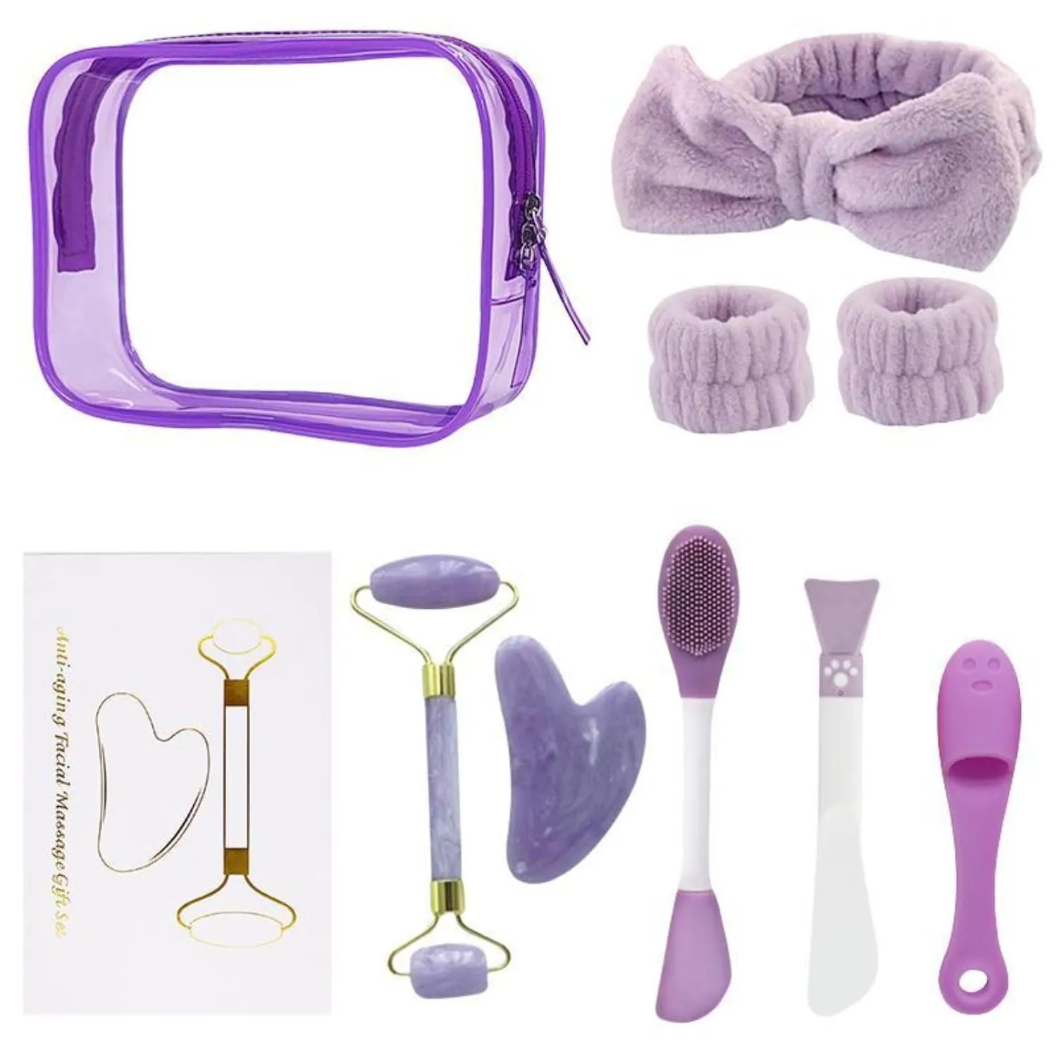 9pcs facial care kit, with Jade Roller and Gua Sha, Spa headband wristband, silicone facial mask brush, cleaning brush, portable cosmetic bag, self care gift for men women (Purple)