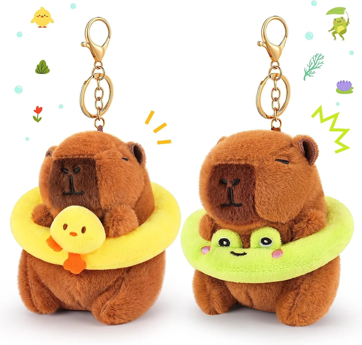 Achwishap 2PCS Capybara Plush Keychain,Cute Keychain Capybara Stuffed Animal,Soft Capybara Plush Toys Key Chain,Kawaii Plushies Stuffed Toys for Kids Adults(Frog Swimming Circle,Duck Swimming Circle)