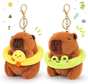 Achwishap 2PCS Capybara Plush Keychain,Cute Keychain Capybara Stuffed Animal,Soft Capybara Plush Toys Key Chain,Kawaii Plushies Stuffed Toys for Kids Adults(Frog Swimming Circle,Duck Swimming Circle)