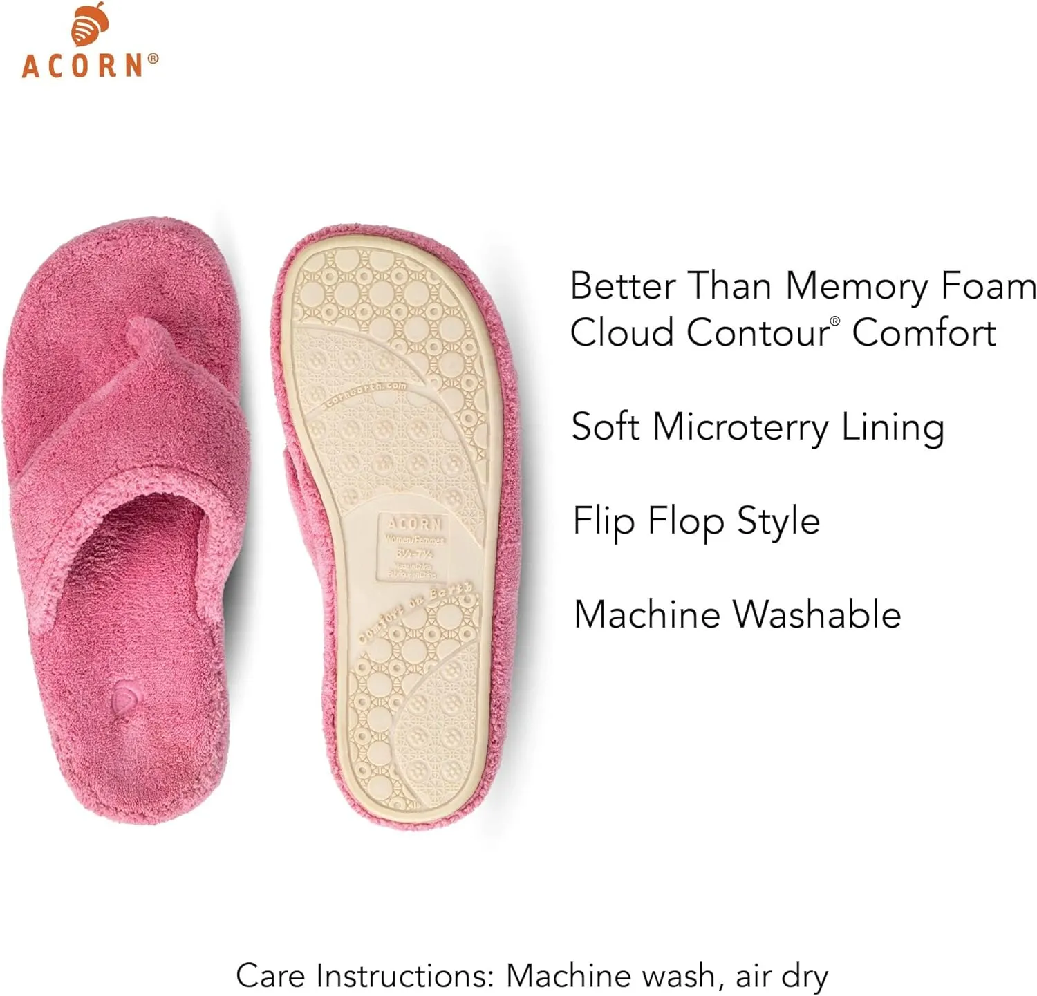 Acorn Women's Spa Thong Slippers with Cloud Contour Comfort - Arch Support and Plush Fluffy Terry Lining, Perfect for Beach, Camping, Poolside, or Bathroom Wear