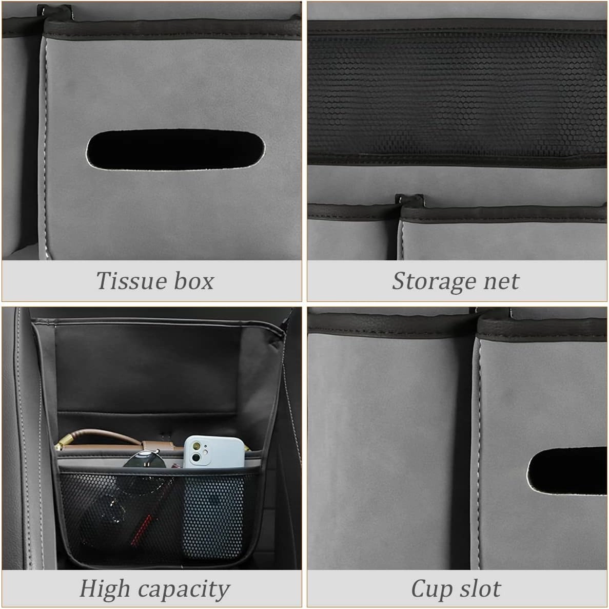 AICEL Car Net Pocket Handbag Holder Between Seats, Purse Holder with Adjustable Buckle Strap, Large Capacity Storage Organizer Mesh Bag Barrier in Front Seat Center Console, Car Accessories (Brown)