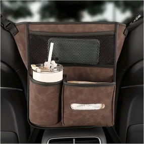 AICEL Car Net Pocket Handbag Holder Between Seats, Purse Holder with Adjustable Buckle Strap, Large Capacity Storage Organizer Mesh Bag Barrier in Front Seat Center Console, Car Accessories (Brown)