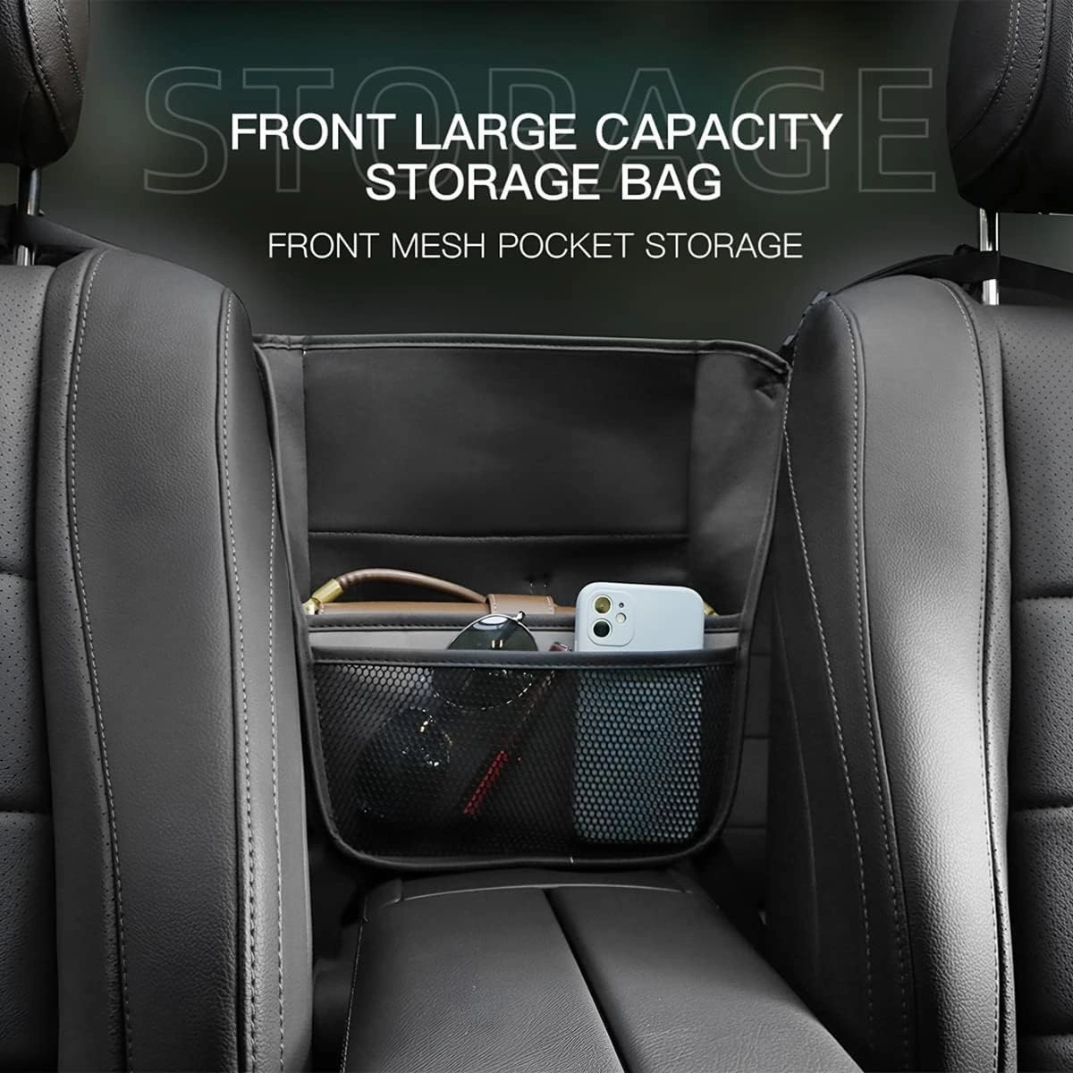 AICEL Car Net Pocket Handbag Holder Between Seats, Purse Holder with Adjustable Buckle Strap, Large Capacity Storage Organizer Mesh Bag Barrier in Front Seat Center Console, Car Accessories (Brown)