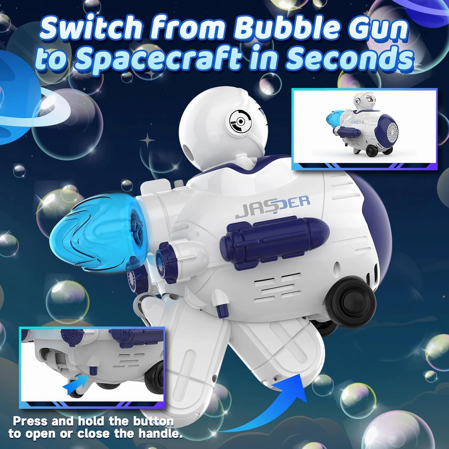 Airplane Bubble Machine Gun for Toddlers, Astronaut Style LED Bubble Machine for Kids, Leak-Proof Bubble Maker Outdoor Toys Birthday Gift for Boys and Girls - Blue