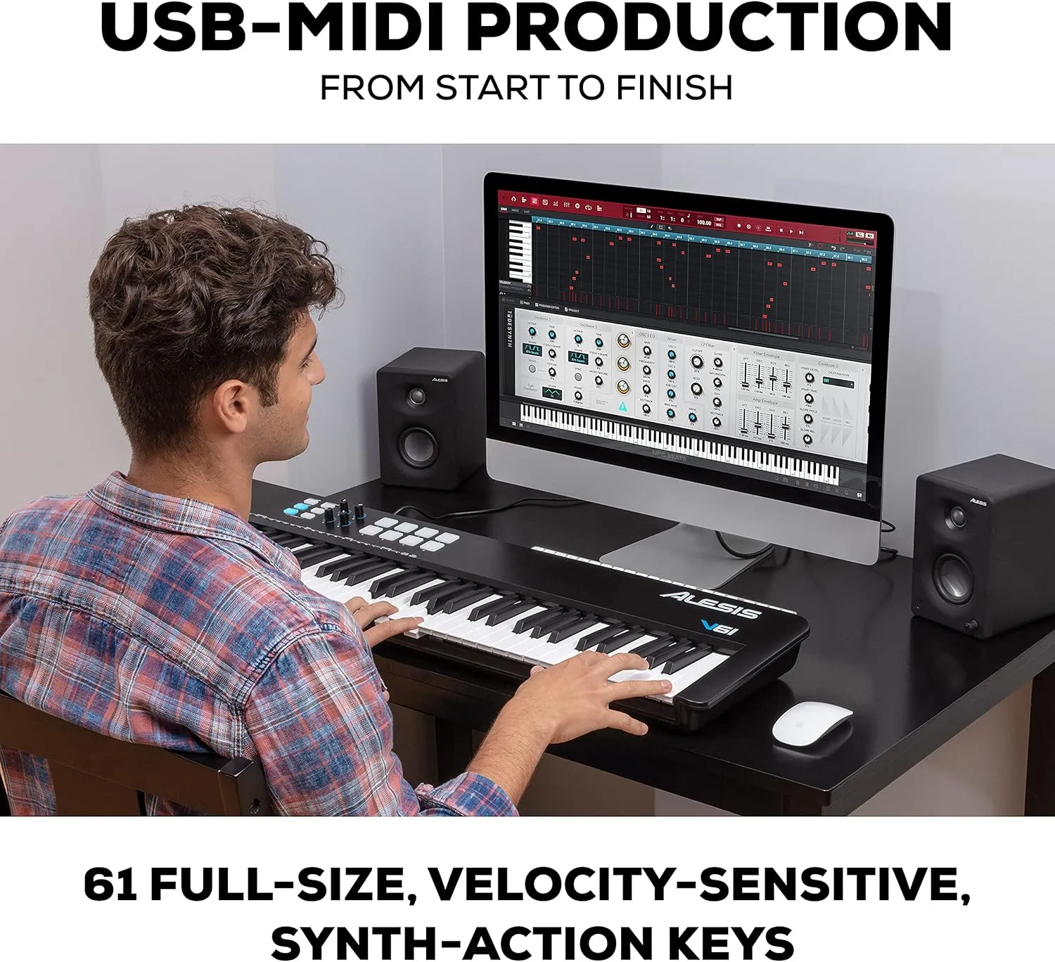 Alesis V61 MKII – USB MIDI Keyboard Controller with 61 Velocity Sensitive Keys, 8 Full Level Pads, Arpeggiator, Pitch/Mod Wheel, Note Repeat and Software Suite
