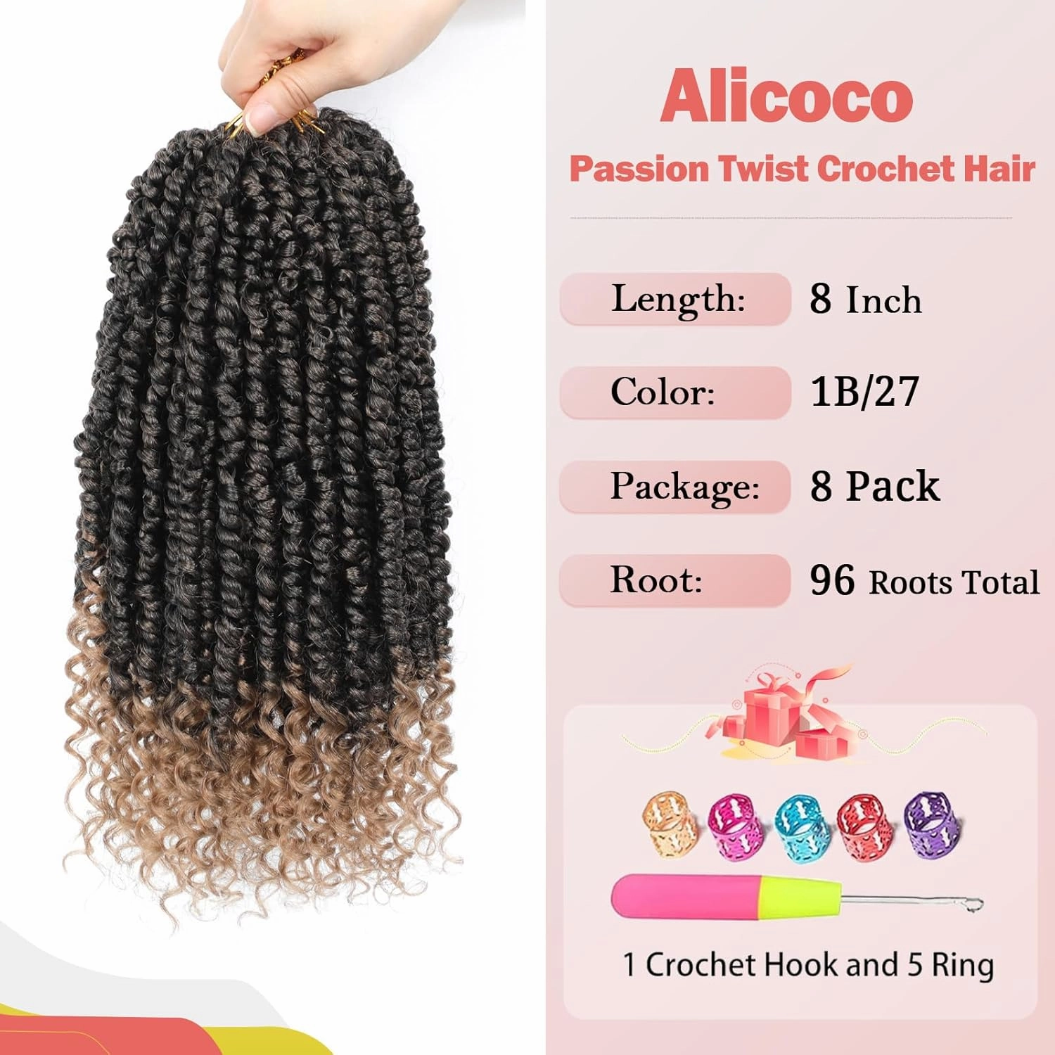 Alicoco Passion Twist Crochet Hair 8 Inch Passion Twist Hair Pre Looped 8 Packs Spring Twist Crochet Braids with Curly Ends Pre-Twisted Crochet Hair for Women (1B/27)