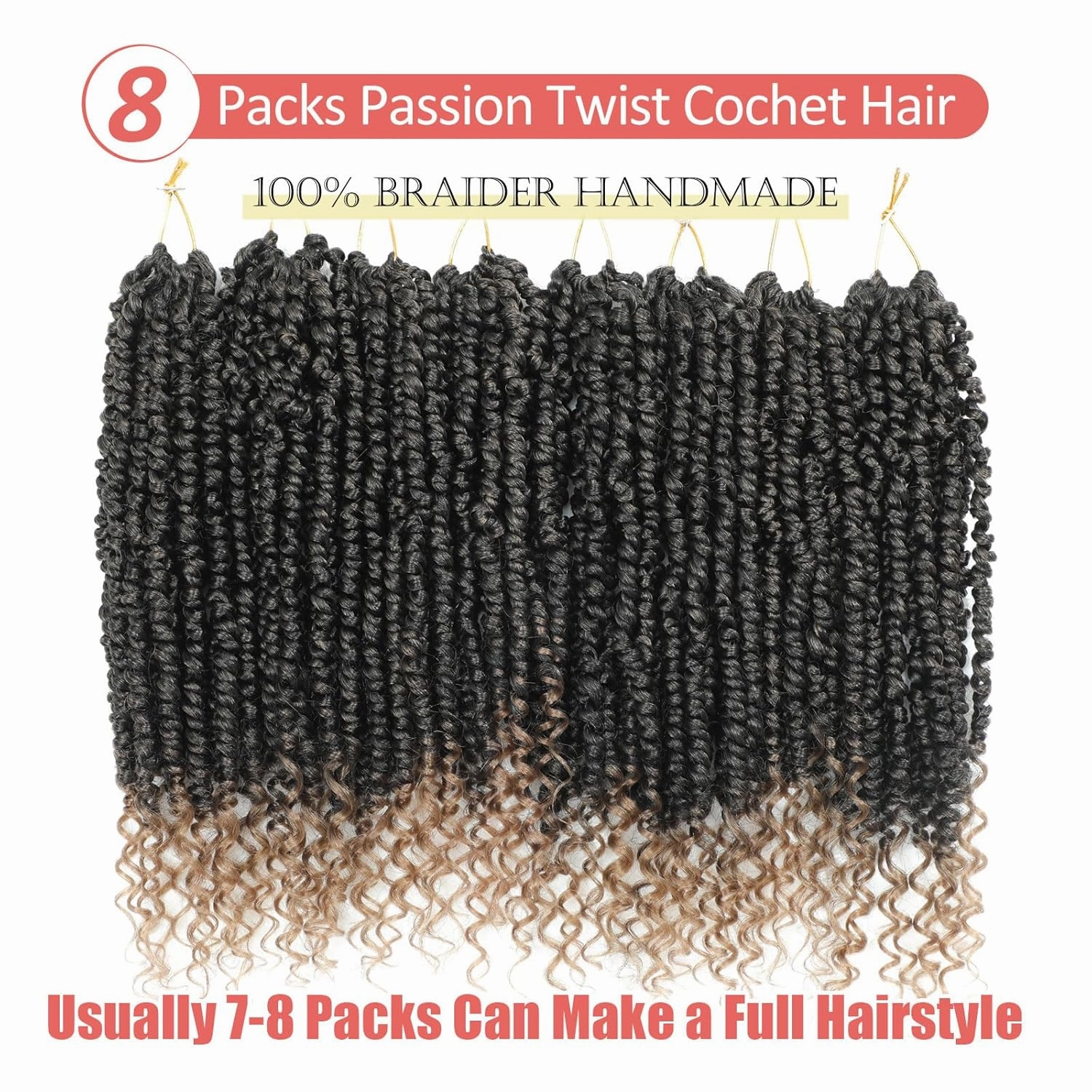 Alicoco Passion Twist Crochet Hair 8 Inch Passion Twist Hair Pre Looped 8 Packs Spring Twist Crochet Braids with Curly Ends Pre-Twisted Crochet Hair for Women (1B/27)