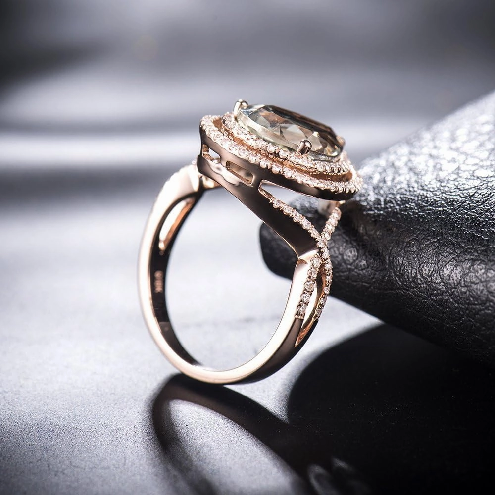 Amethyst Ring For Women, 14K Rose Gold Ring - Green Amethyst Rings, Natuaral Green Amethyst Gemstone Rings & Real Diamond Stone Rings For Couple Engagement Ring