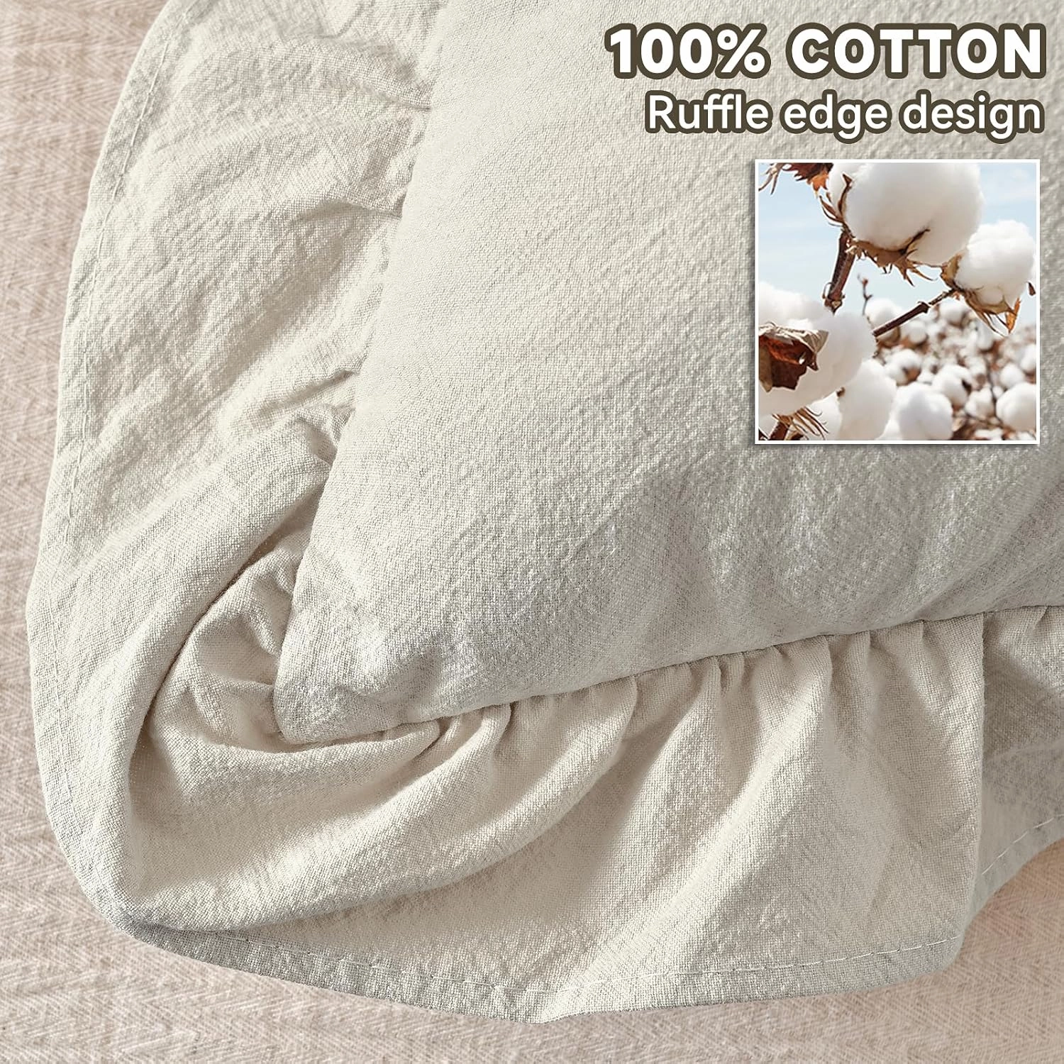 AmHoo Pack of 2 Throw Pillow Covers 100% Cotton Pre Washed Ruffle Decorative Pillowcase Cushion for Couch Sofa Bedroom 16 x 16-Inch Beige