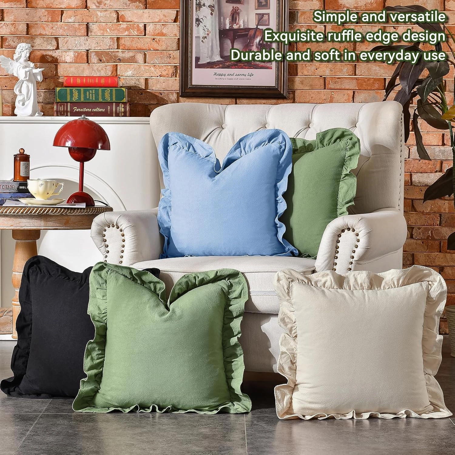 AmHoo Pack of 2 Throw Pillow Covers 100% Cotton Pre Washed Ruffle Decorative Pillowcase Cushion for Couch Sofa Bedroom 16 x 16-Inch Beige
