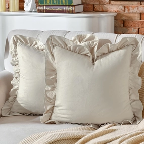 AmHoo Pack of 2 Throw Pillow Covers 100% Cotton Pre Washed Ruffle Decorative Pillowcase Cushion for Couch Sofa Bedroom 16 x 16-Inch Beige