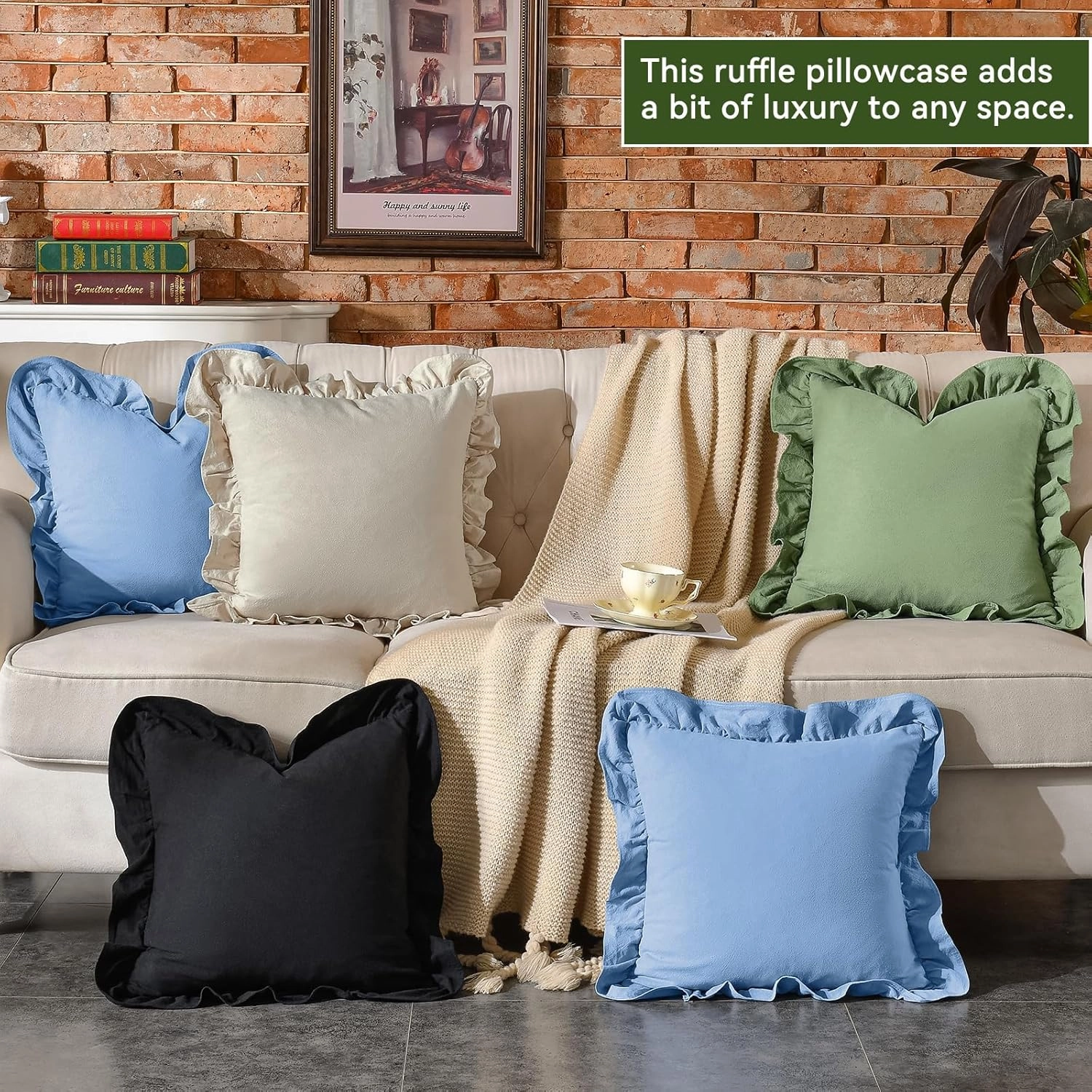 AmHoo Pack of 2 Throw Pillow Covers 100% Cotton Pre Washed Ruffle Decorative Pillowcase Cushion for Couch Sofa Bedroom 16 x 16-Inch Beige