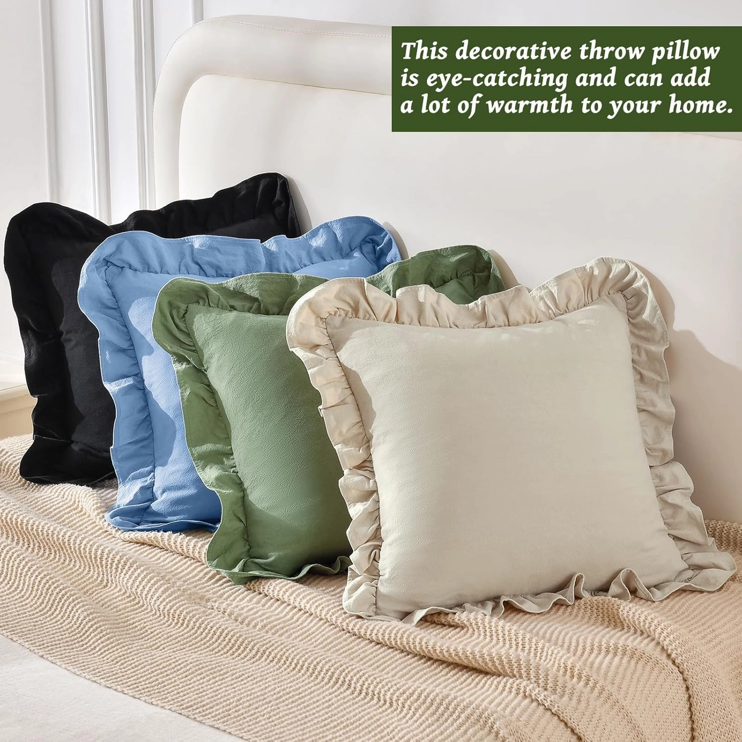 AmHoo Pack of 2 Throw Pillow Covers 100% Cotton Pre Washed Ruffle Decorative Pillowcase Cushion for Couch Sofa Bedroom 16 x 16-Inch Beige