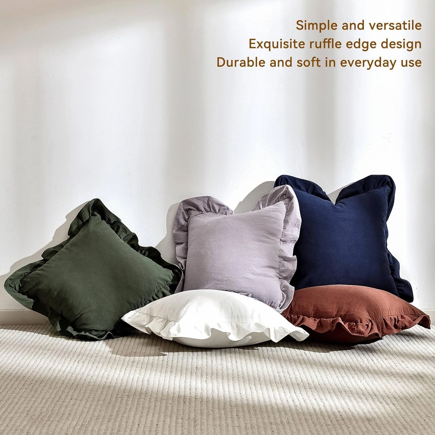 AmHoo Pack of 2 Throw Pillow Covers 100% Cotton Pre Washed Ruffle Decorative Pillowcase Cushion for Couch Sofa Bedroom 18 x 18-Inch Brown