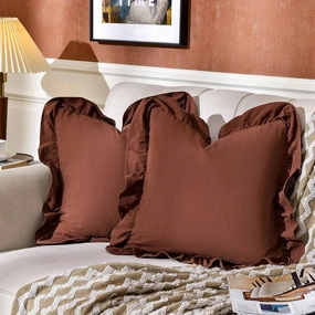AmHoo Pack of 2 Throw Pillow Covers 100% Cotton Pre Washed Ruffle Decorative Pillowcase Cushion for Couch Sofa Bedroom 18 x 18-Inch Brown