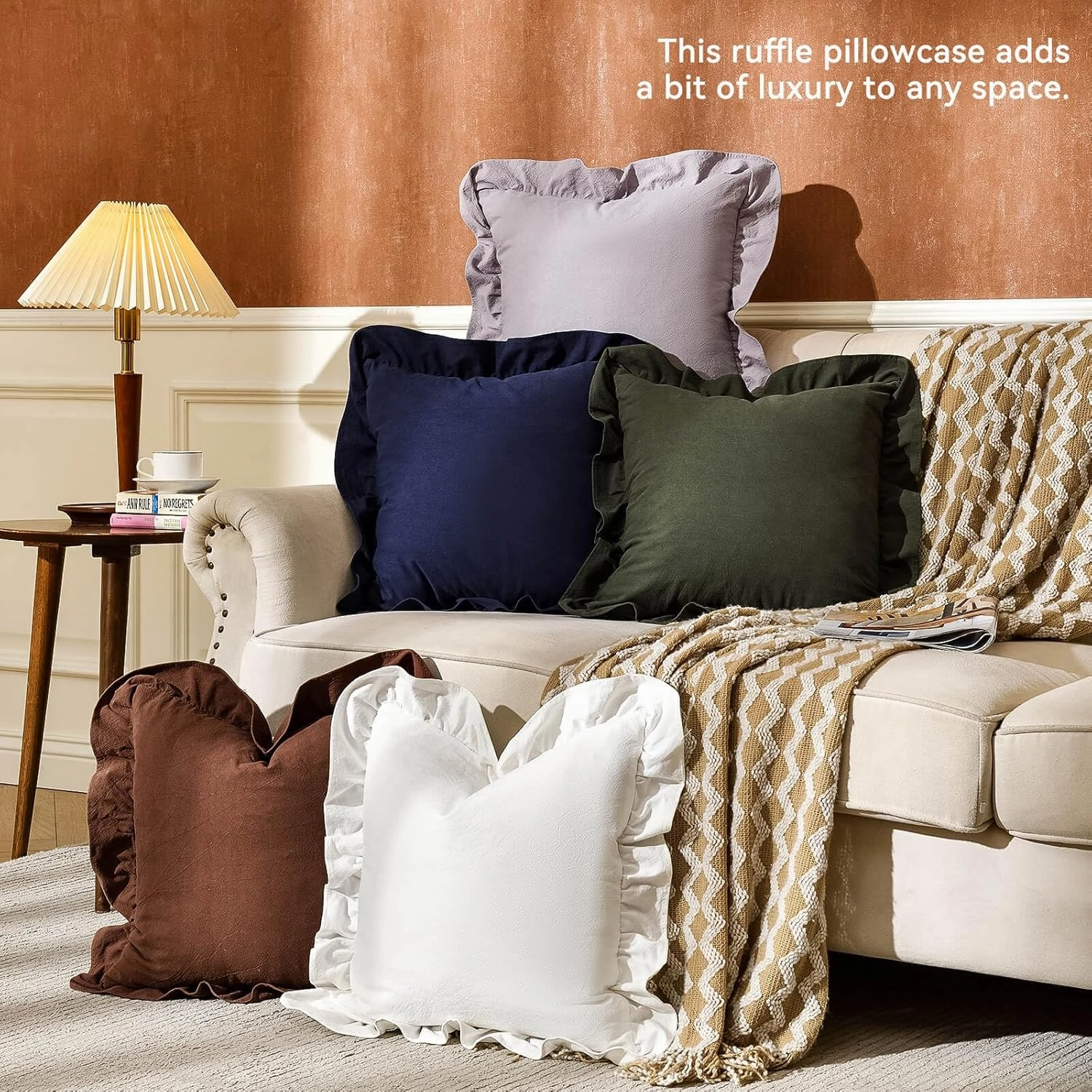AmHoo Pack of 2 Throw Pillow Covers 100% Cotton Pre Washed Ruffle Decorative Pillowcase Cushion for Couch Sofa Bedroom 18 x 18-Inch Brown