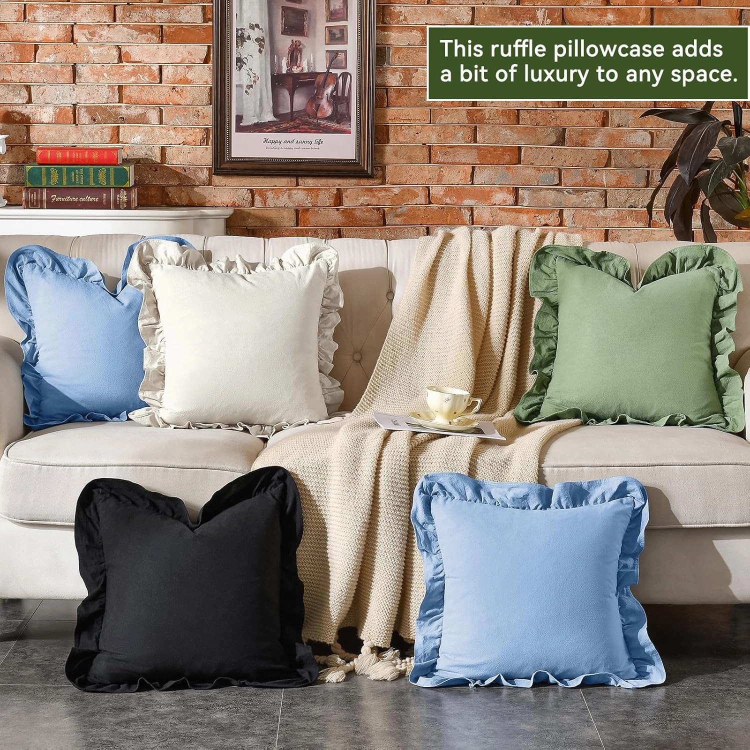 AmHoo Pack of 2 Throw Pillow Covers 100% Cotton Pre Washed Ruffle Decorative Pillowcase Cushion for Couch Sofa Bedroom 18 x 18-Inch Light Blue