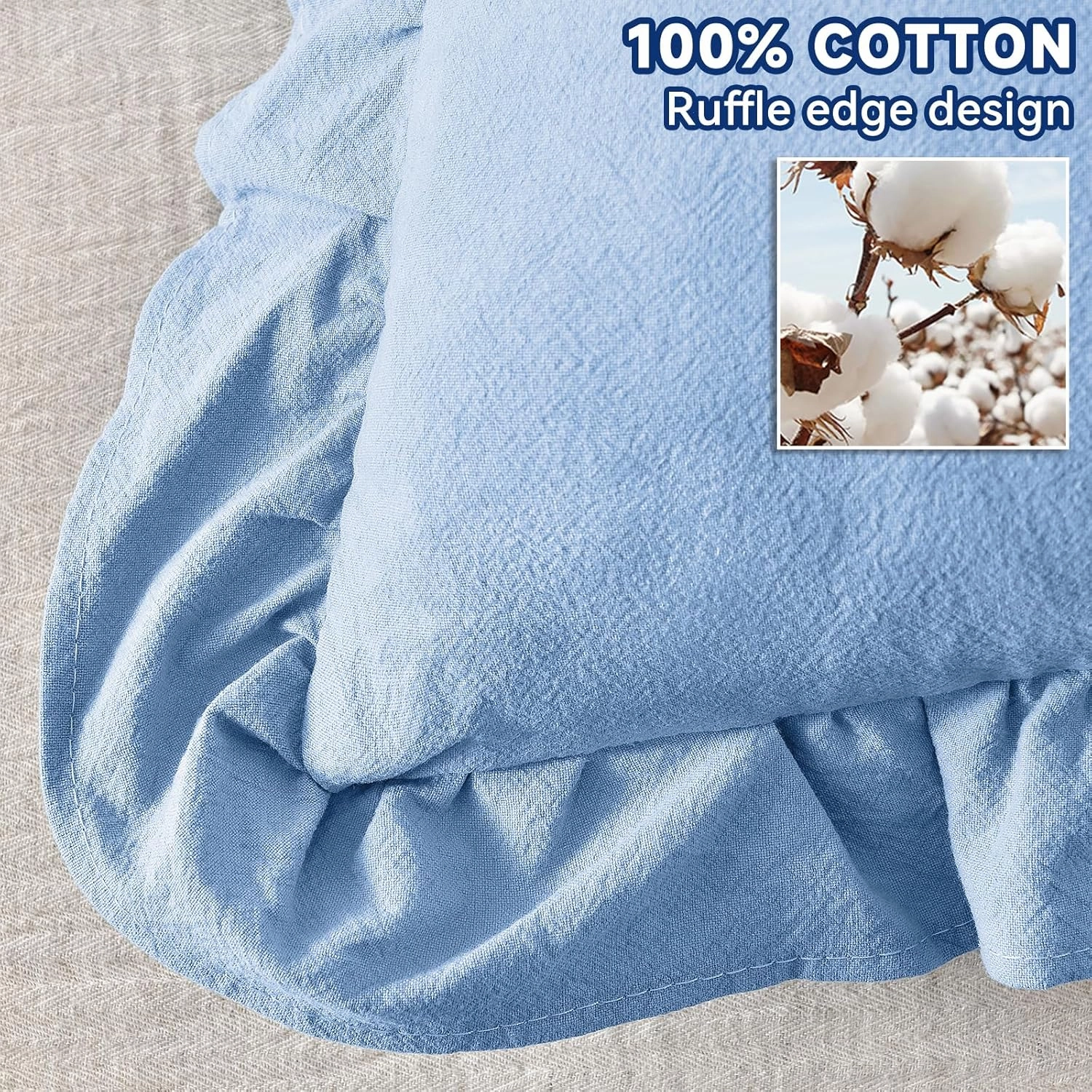 AmHoo Pack of 2 Throw Pillow Covers 100% Cotton Pre Washed Ruffle Decorative Pillowcase Cushion for Couch Sofa Bedroom 18 x 18-Inch Light Blue