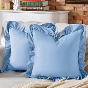 AmHoo Pack of 2 Throw Pillow Covers 100% Cotton Pre Washed Ruffle Decorative Pillowcase Cushion for Couch Sofa Bedroom 18 x 18-Inch Light Blue