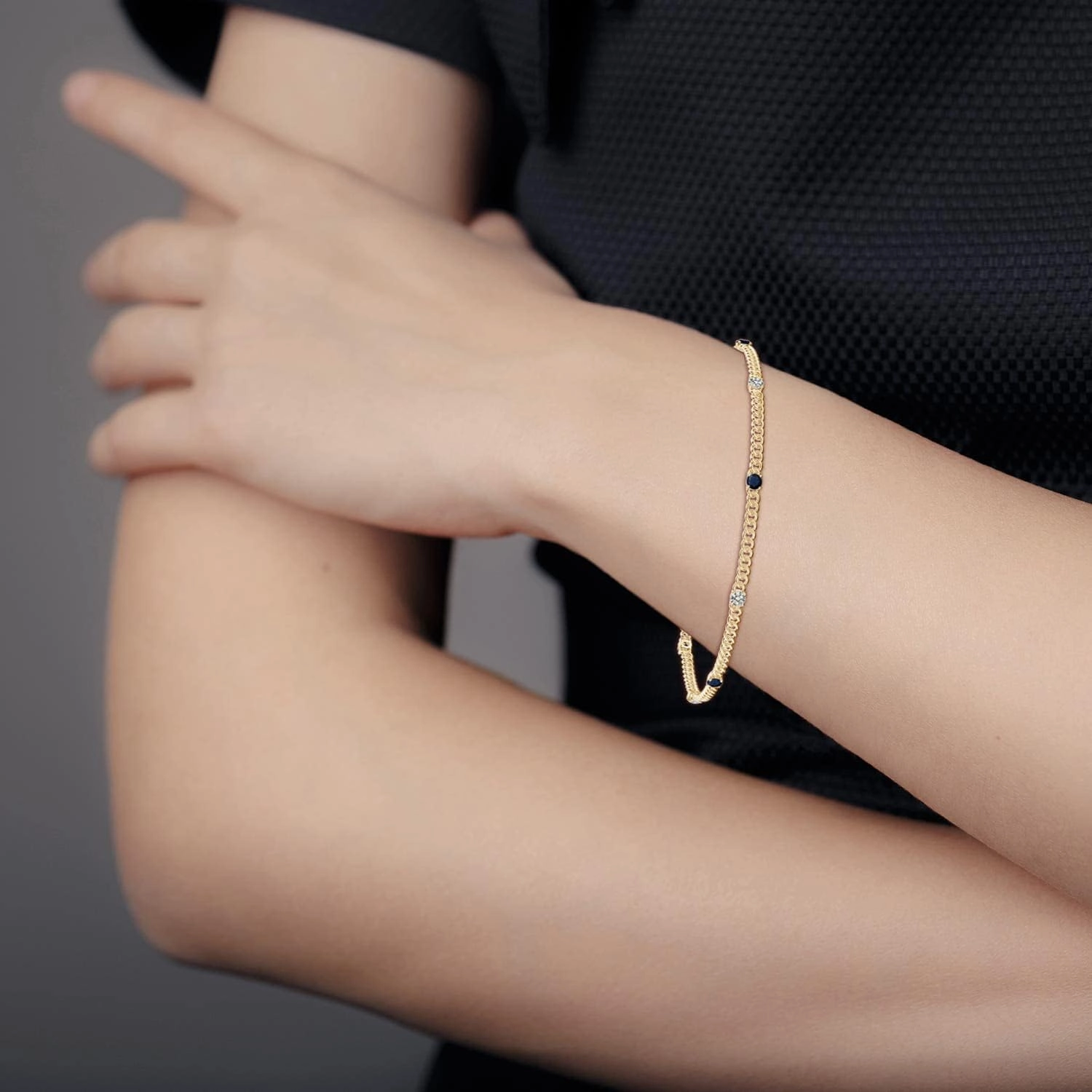 Angara Natural Blue Sapphire Chain Bracelet for Women in 14K Solid Gold | September Birthstone, Birthday, Engagement, Anniversary, Wedding Jewelry Gift for Women