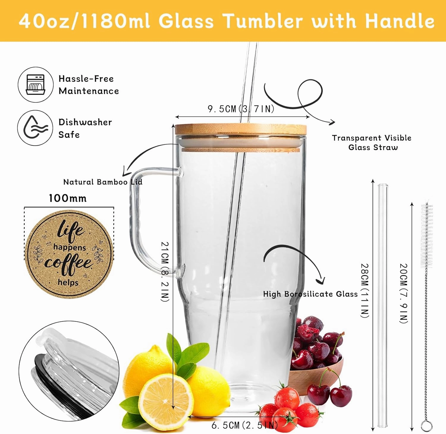 ANOTION Glass Cups with Lids and Straws - 40 Oz Tumbler with Handle and Straw Glass Water Bottles Drinking Glasses with Straws Iced Coffee Cups Travel Coffee Mug Smoothie Tumbler